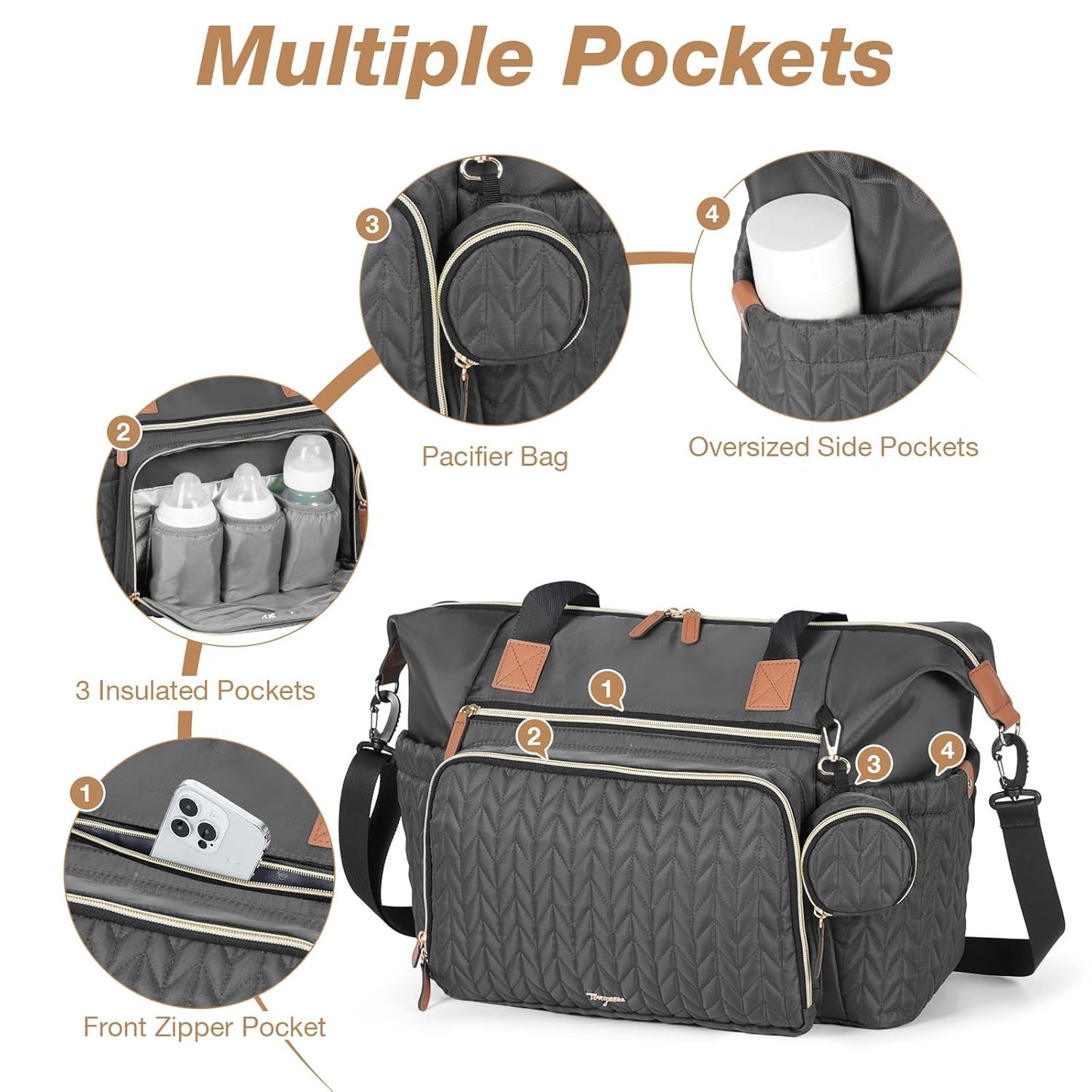 Diaper Bag Tote, Large Baby Diaper Bags Waterproof, Hospital Bag for Labor Delivery with Pacifier Case, Changing Pad, Shoulder Strap, Dark Gray