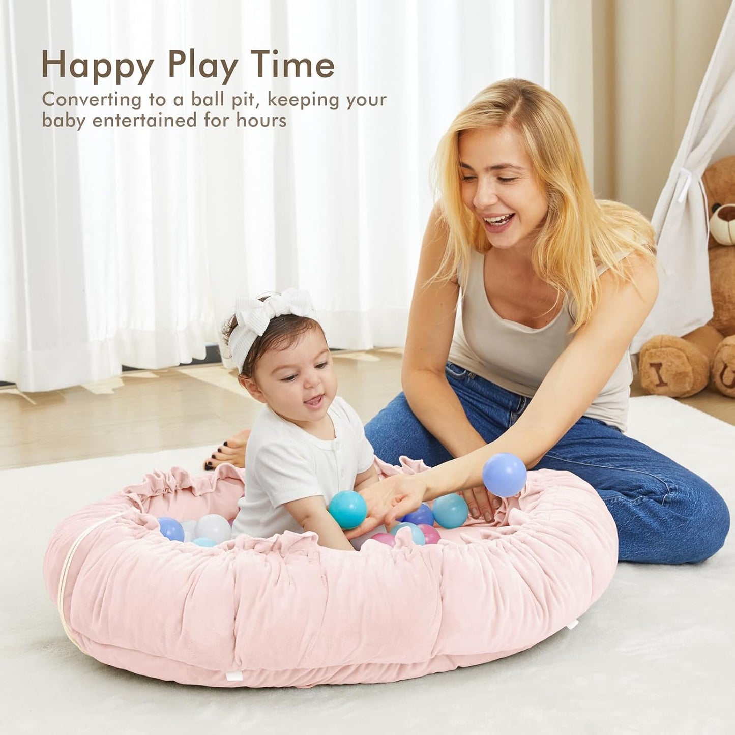ANGELBLISS 5 in 1 Baby Play Gym Mat, Reversible Tummy Time Mat with 5 Sensory Toys for Stage-Based Developmental, Thick & Large Baby Activity Center from Newborn to Toddler (Pink)