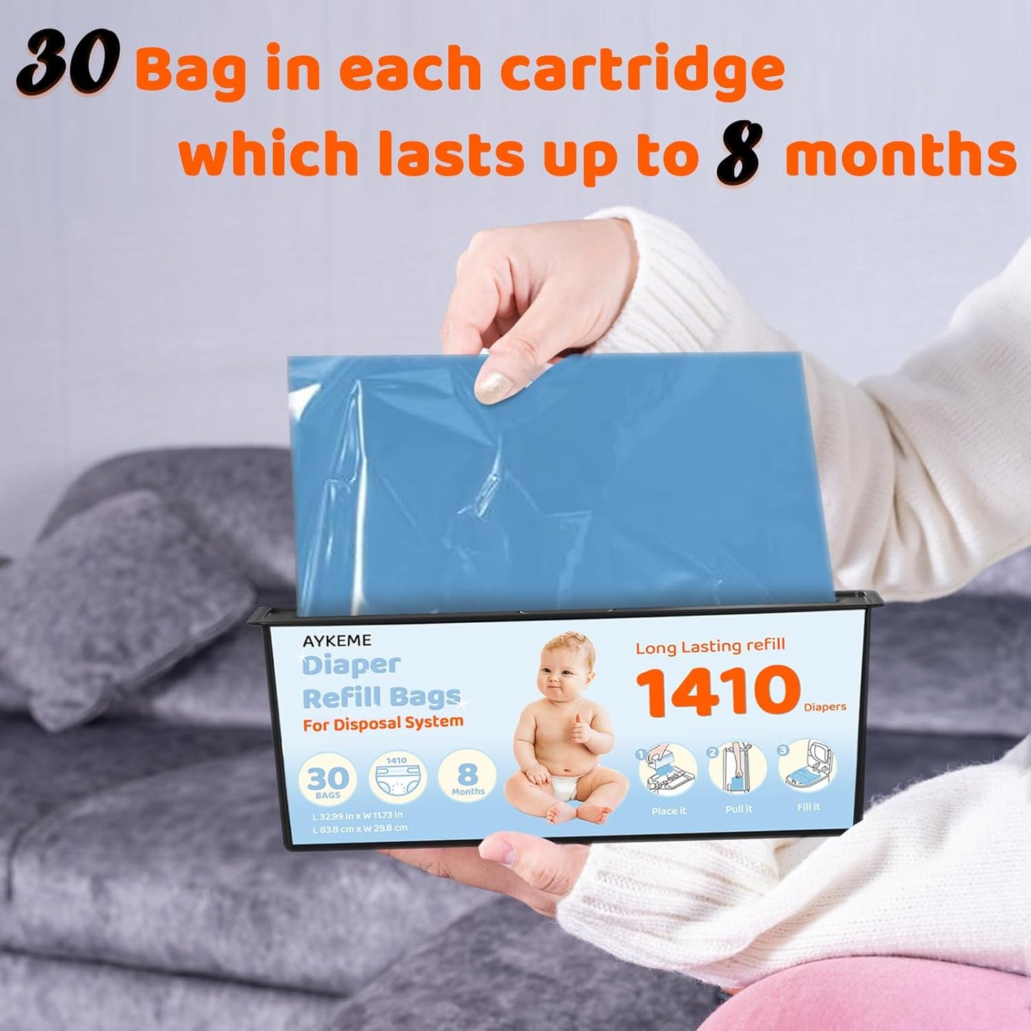 Diaper Pail Refills Bags Compatible with Genie Easy Roll Signature & Platium Diaper Pails | 7-Layer OdorLock Technology | Up to 10 Months Use,1 Pack(30 Bags)