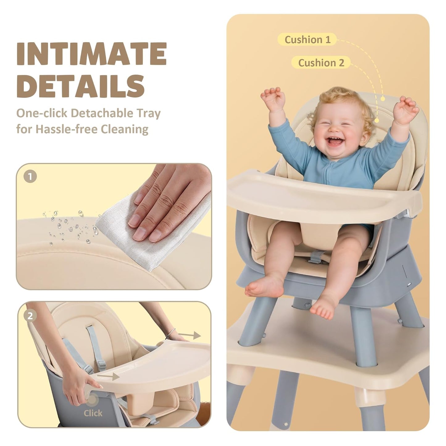 Baby High Chair, 8 in 1 Convertible Highchairs for Babies and Toddlers, Children Dining Booster Seat/Kids Building Block Table for Girls Boys, Baby Seat with Removable Tray, Khaki