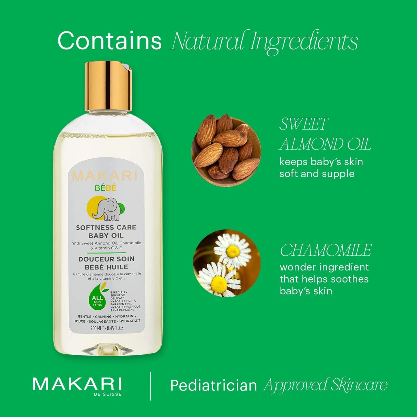 Makari Softness Care Baby Oil with Sweet Almond, Chamomile & Vitamins C & E, Hypoallergenic & Paraben-Free, Ideal for All Skin Types, Formulated for Sensitive and Delicate Newborn Skin