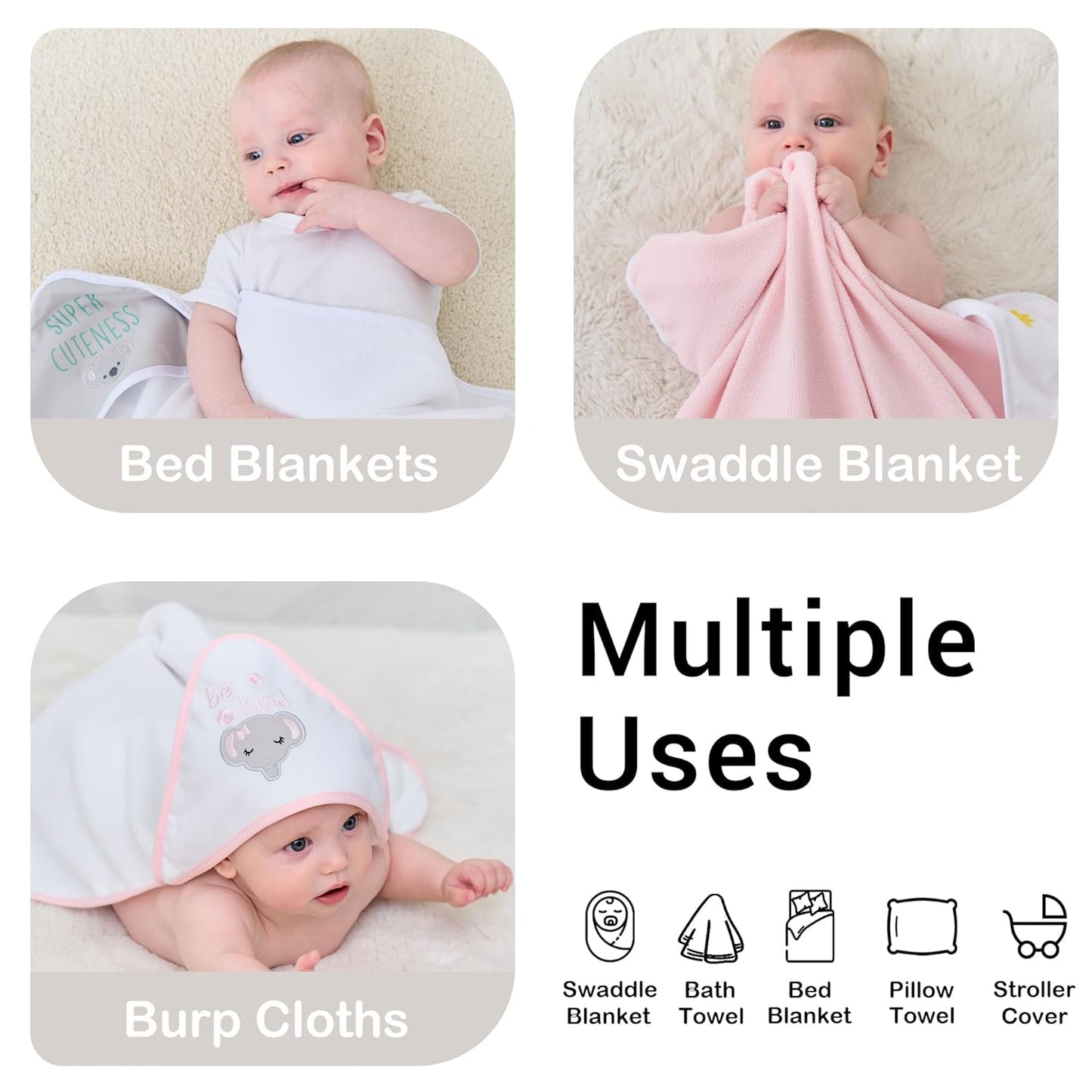 Viviland Baby Towels and Baby Wash Cloths Set Hooded Baby Towels Baby Wipes Absorbent Bath Face Towels Burp Cloths or Face Towels for Girl Boy 6-Pack Size 28 x 28 Inch(Pink Koala)