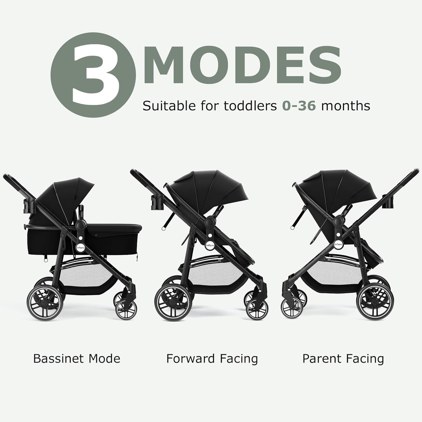 INFANS 2 in 1 Baby Stroller, High Landscape Infant Stroller & Reversible Bassinet Pram, Foldable Pushchair with Adjustable Canopy, Storage Basket, Cup Holder, Suspension Wheels (Black)