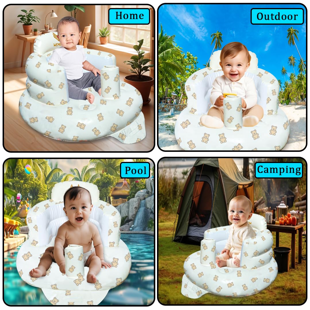 Inflatable Baby Seat for Babies 3-36 Months Blow Up Chair for Babies Infants Toddler Floor Sitting Up with Built in Air Pump (White, Bear.)