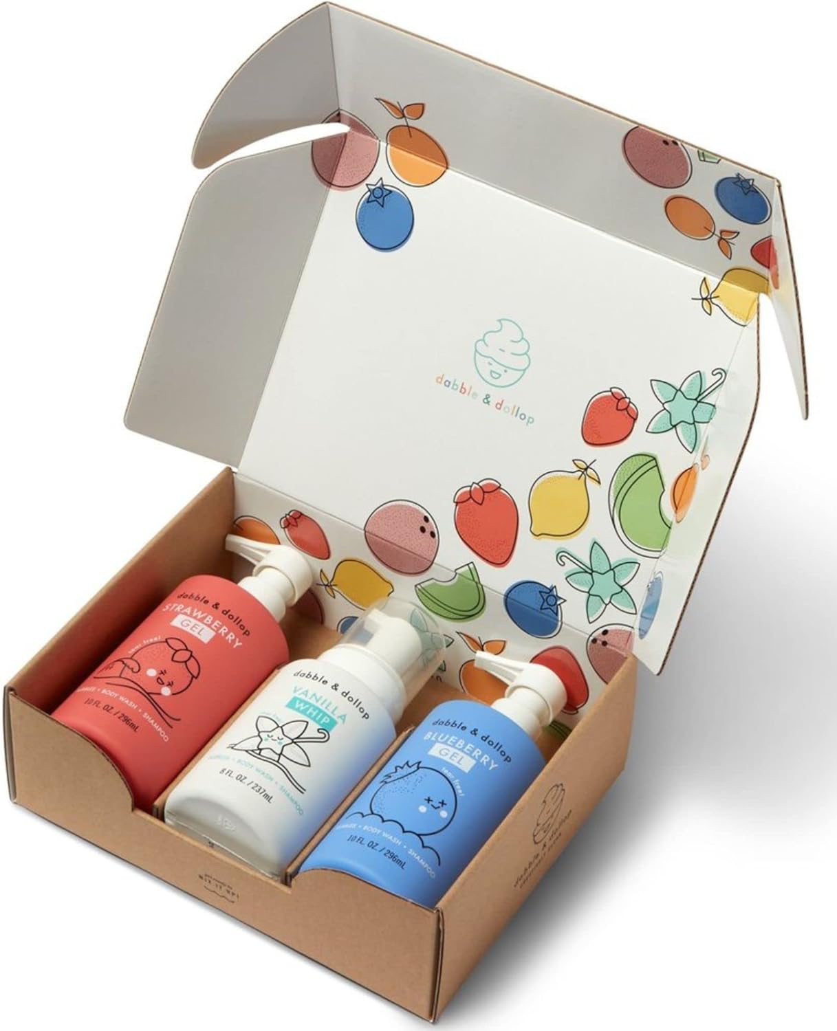 Dabble & Dollop USA Bundle, 3-in-1 Natural Bubble Bath, Body Wash & Shampoo for Kids, Paraben & Sulfate Free, Vegan, Tear-Free, Strawberry, Vanilla & Blueberry (Set of 3)