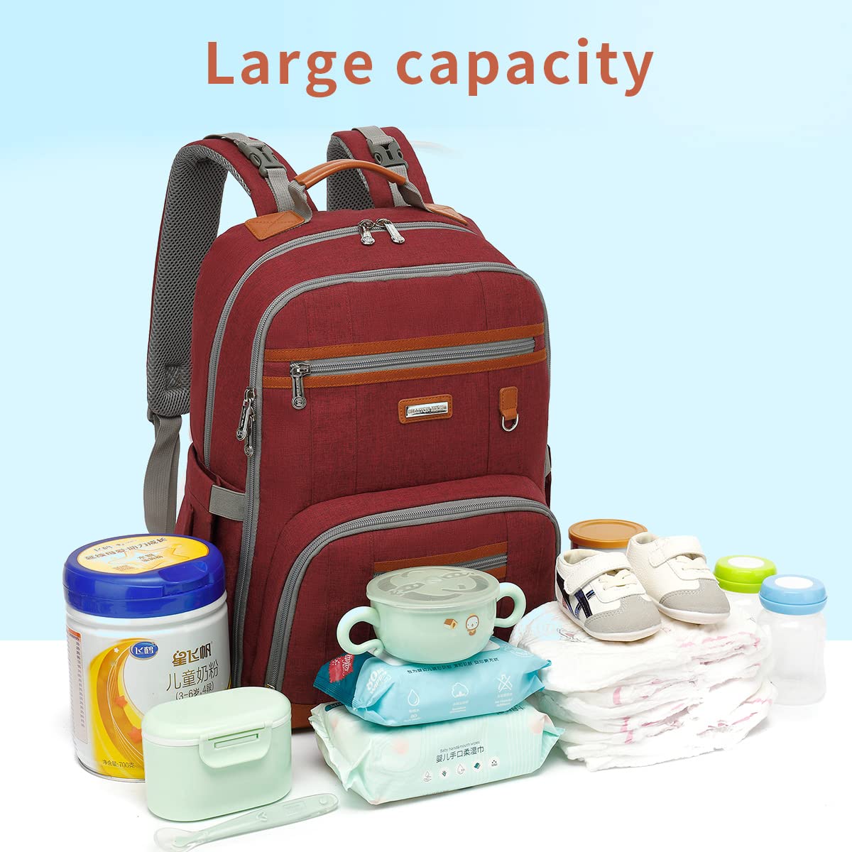 Diaper Bag Backpack, Large Baby Nappy Bags with Portable Changing Pad for Boys and GirlsMultifunction Travel Baby Bag for Moms Dads, Shower Gifts Waterproof and Stylish，Red