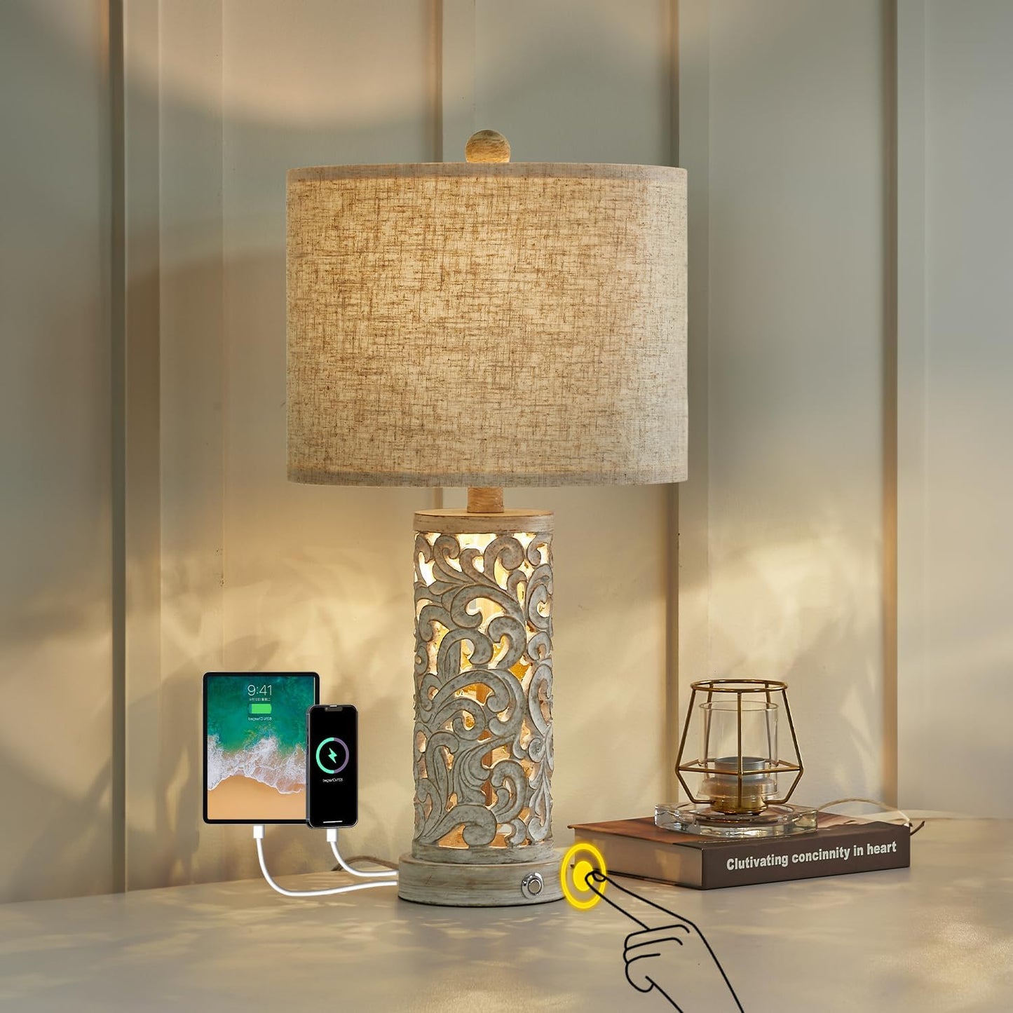 OYEARS 3-Way Dimmable 22'' USB A+C Touch Control Table Lamp with Nightlight for Living Room Bedroom Farmhouse Bedside Nightstand Lamps (Bulb Included)