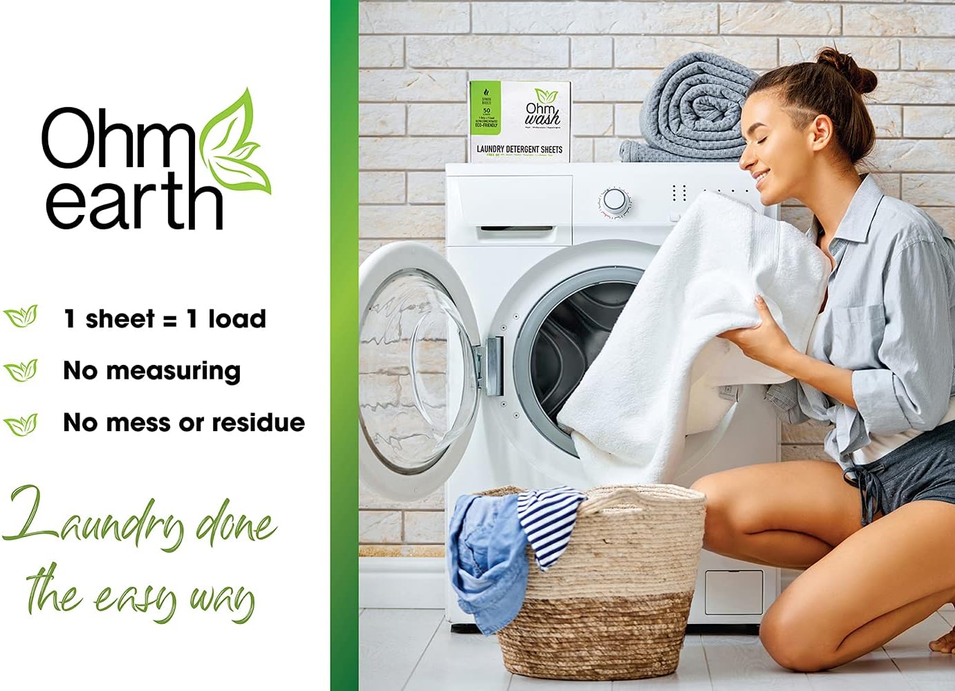 Ohm Earth’s Wash Laundry Detergent Sheets Hypoallergenic & Dye-Free Liquidless Detergent, Fast Dissolving Concentrated Strips Ideal for Sensitive Skin, 50 count (up to 100 Loads) Spring Breeze