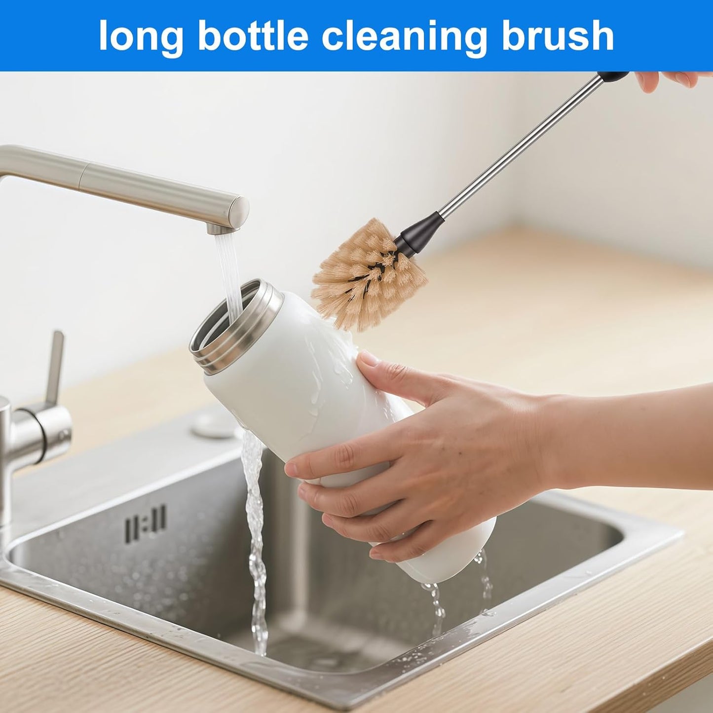 2 Pack Water Bottle Brush, 15-inch Long Handle Cleaning Brush, Kitchen Scrubber, Bottle Brush Cleaner, Suitable for Water Bottles, Cups, Glasses, Baby Bottles, Wine Glasses, Brown