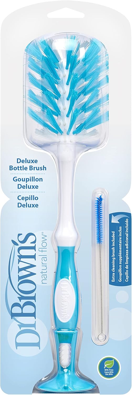 Dr. Brown's Deluxe Bottle Brush, Cleaning Brush for Baby Bottles, Nipples, and Sippy Cups with Suction Cup Stand & Bonus Brush, BPA Free