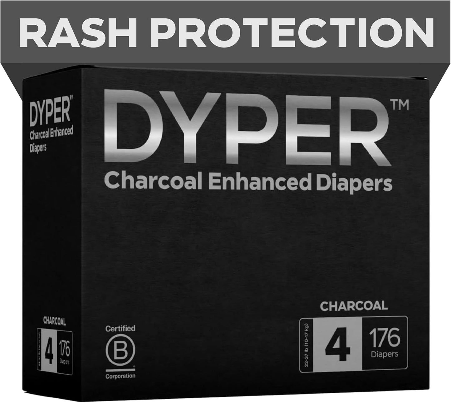 DYPER Charcoal Enhanced Diapers | Baby Diapers from Plant-Based* & Honest Materials | Day & Overnight Diapers | Disposable Diapers for Sensitive Skin (Size 4, 176, Count)