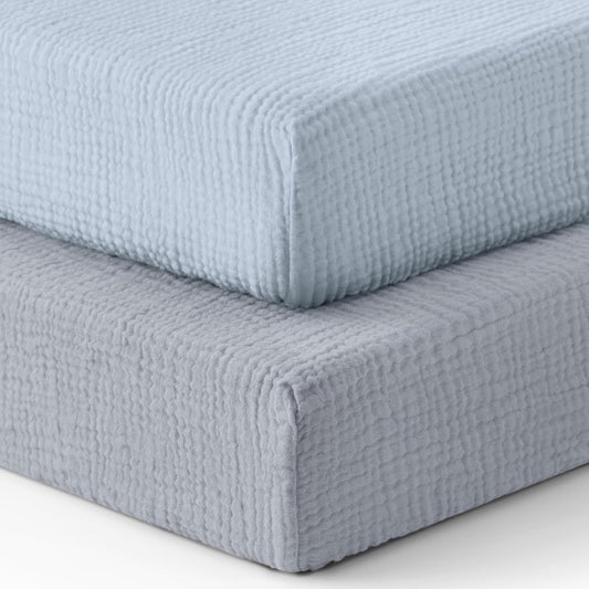 Blissful Diary Muslin Crib Sheets for Girl Boy, Boho Neutral Soft Cotton Baby Sheet for 52''x28'' Standard Crib Mattress, 2 Pack(Light Blue&Grey)