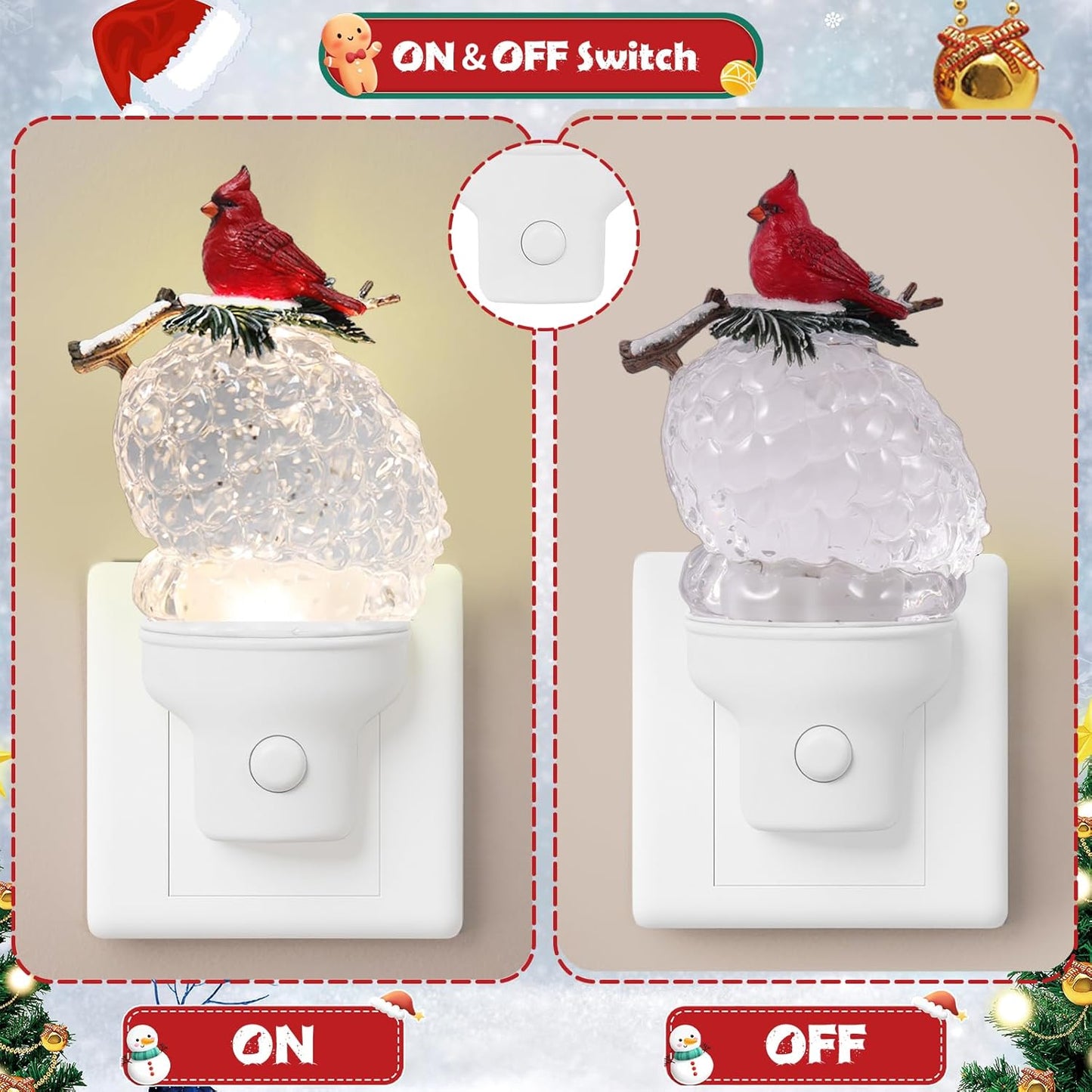 2 Pack Christmas Night Light Plug into Wall Glitter Water Nightlight with USB/Outlet Options, Christmas Cardinal and Pinecone Decorative Nightlight for Holiday Decorations (Cardinal and Pinecone)