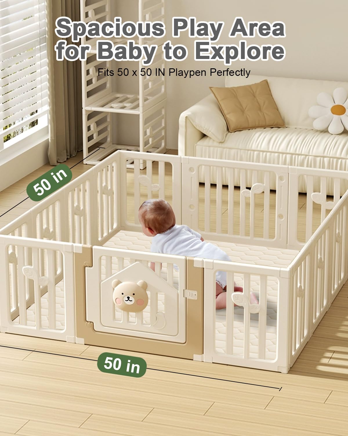 Premium Foam Baby Play Mat 50" x 50" with Removable Cover, Extra Thick Padding Playpen Mat, Non-Slip Floor Mat, Stylish & Easy to Clean for Crawling Baby, Infants & Toddlers, Beige