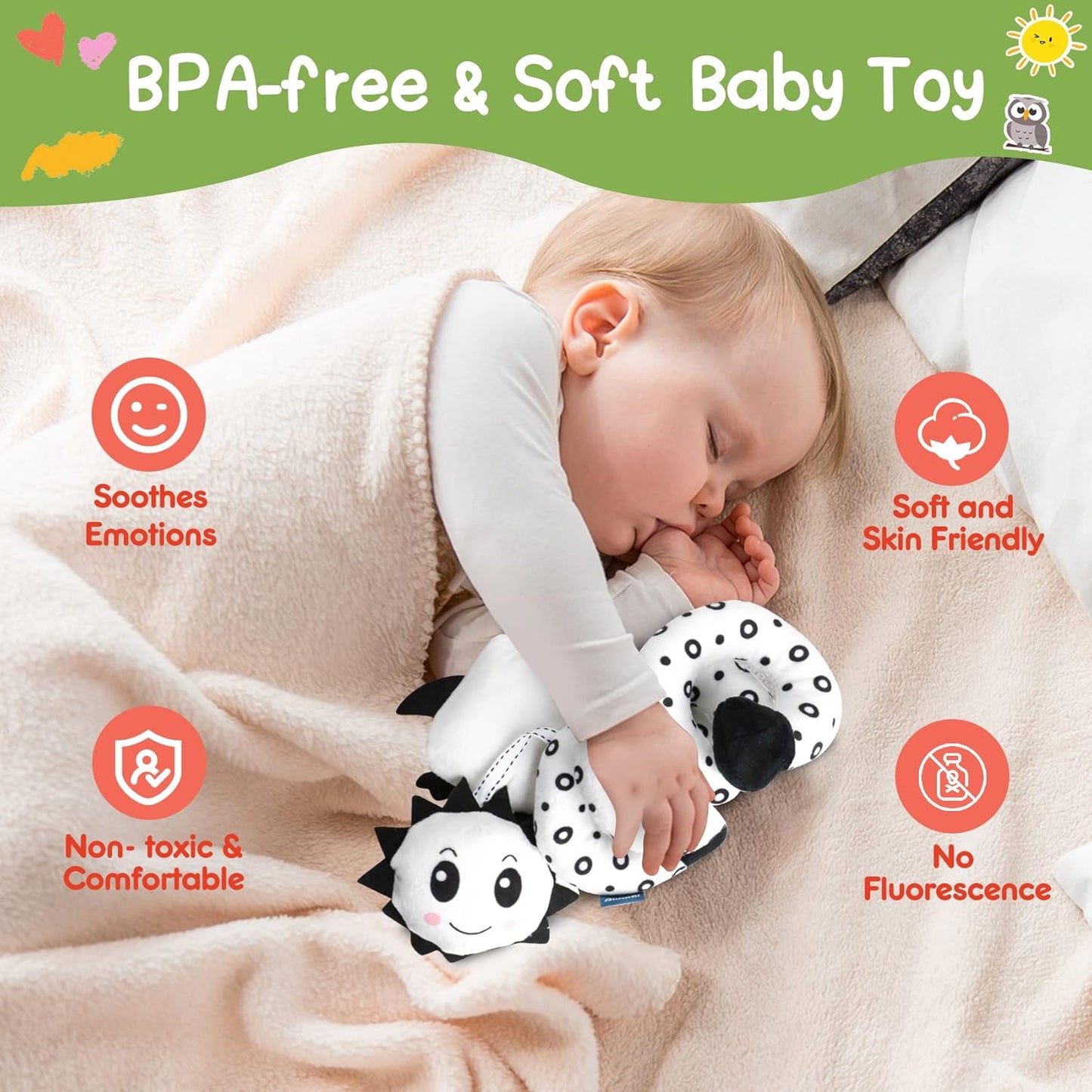 Baby Spiral Hanging Stroller and Car Seat Toys Black and White High Contrast Sensory Toy Newborn Plush Activity Toys Party Favors Quality Gifts for Baby Shower -OWL