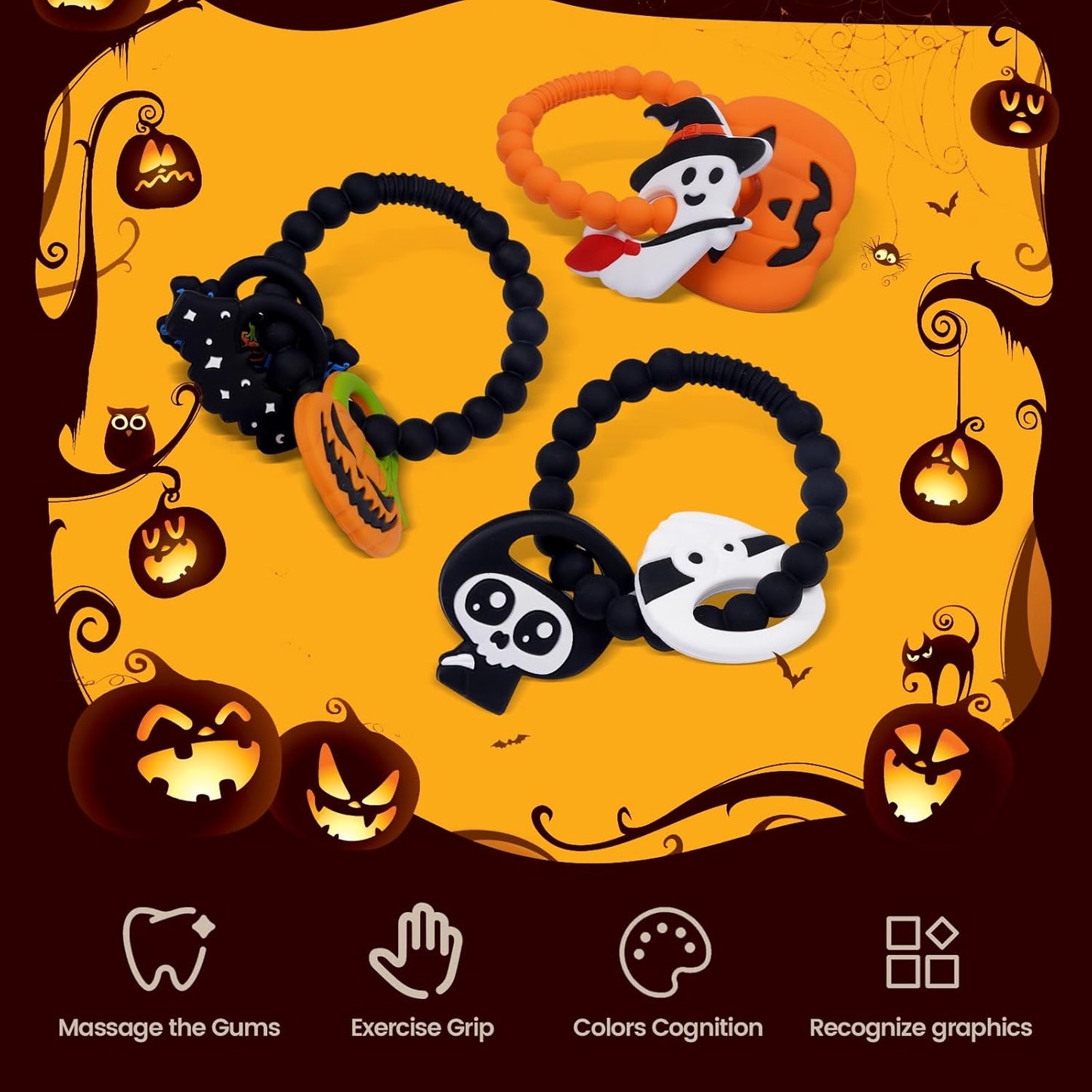 Baby Silicone Halloween Pumpkin Teether Ring Toy,Food Grade Silicone Chew Toys for 0-6,6-12,12-18 Months Newborns,Infants,Toddlers Teething Relief,Safe and Soft,BPA Free,Baby Essentials.