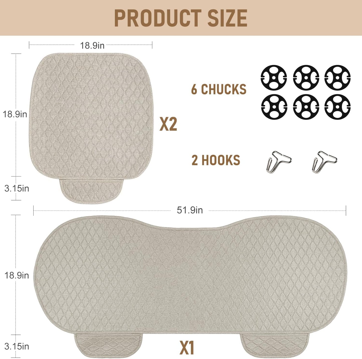 3 PCS Linen Car Seat Covers with Storage Pocket, Back Seat Covers Protectors with Non-Slip, Breathable Bench Seat Covers Universal Fit for SUVs, Cars, Trucks (Beige)