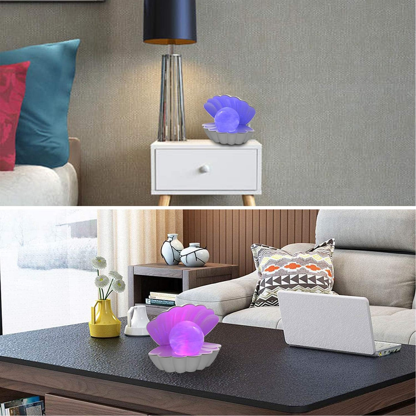 Shell Pearl Beach Themed Night Light, RGB 8 Colors Changing Mood Shell Pearl Lamps, Bedside LED Clamshell Portable Night Lights for Bar (White)
