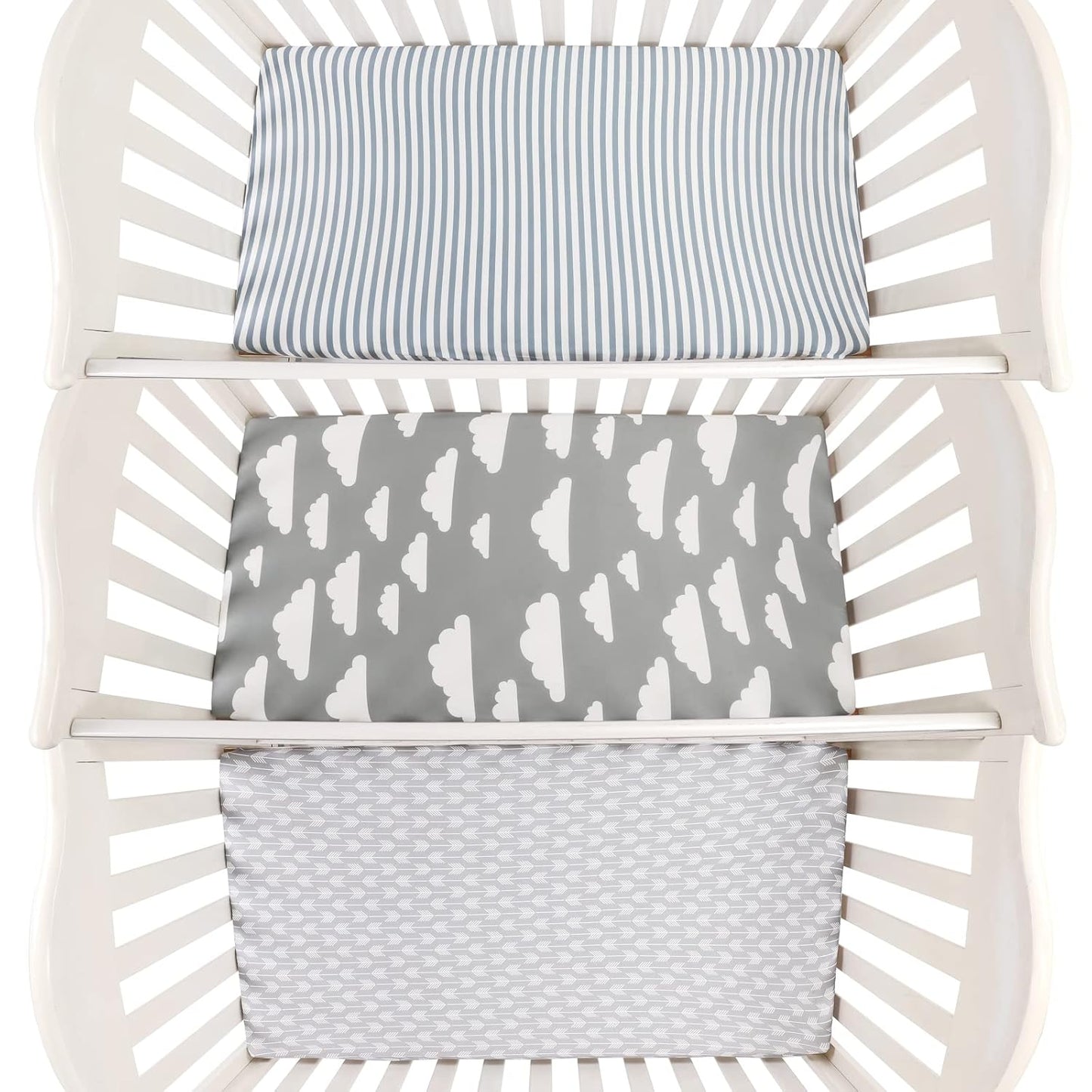 Onacosht Pack n Play Sheets 3 Pack for Baby Unisex, Stretchy Jersey Knitted Portable Mini Crib Sheets Playard Mattress Cover for Baby Boys and Girls, Clouds Stripes and Arrow Printing