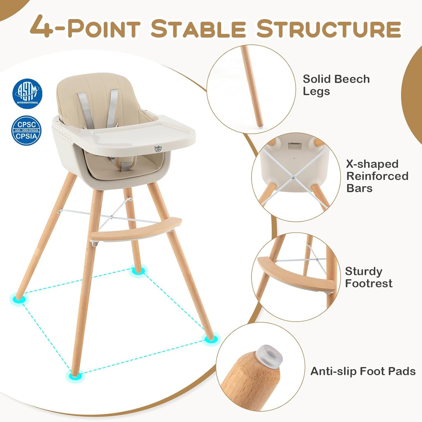 BABY JOY Convertible Baby High Chair, 3 in 1 Wooden Highchair/Booster/Chair with Removable Tray, Adjustable Legs, 5-Point Harness, PU Cushion and Footrest for Baby, Infants, Toddlers (Beige)