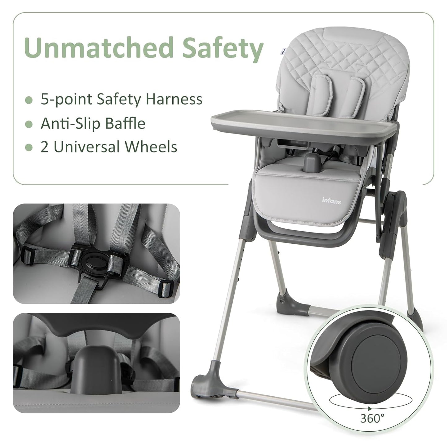 INFANS Baby High Chair, Convertible Quick Folding Portable Highchair for Babies and Toddlers with Adjustable Height Backrest Footrest 2 Wheels Removable Tray, Easy to Clean PU Seat (Grey)