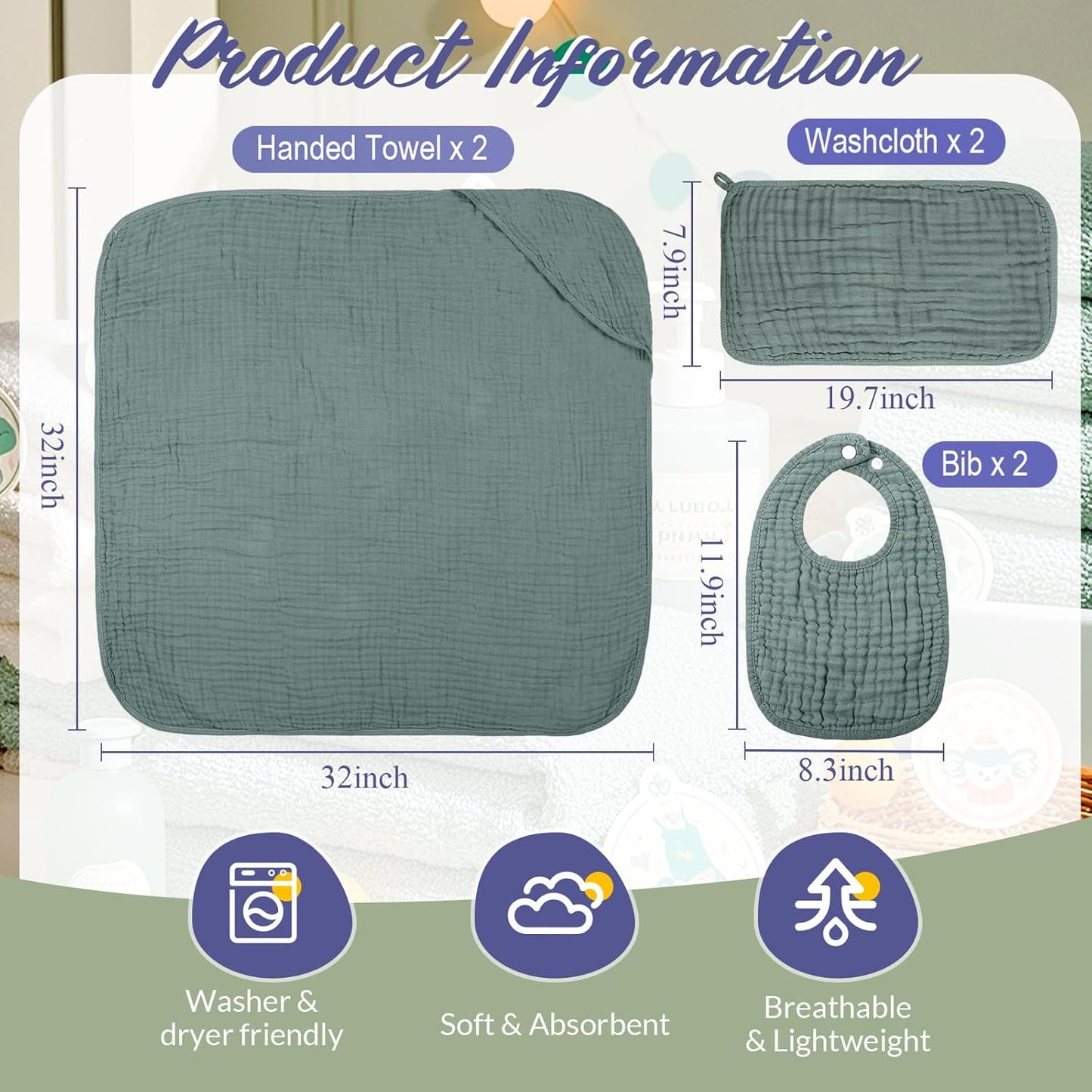 6 Pcs Muslin Hooded Bath Towels Washcloths and Bibs Set, Muslin Cotton Baby Towels Absorbent Hooded Blanket Towel Infant Bibs for Boys Girls Newborn Infant Essentials(Gray, Green)