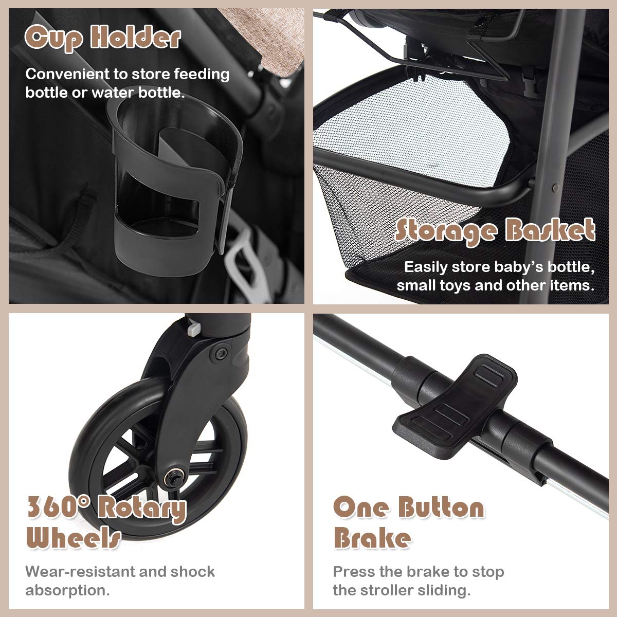 BABY JOY Baby Stroller, 2 in 1 Convertible Carriage Bassinet to Stroller, Pushchair with Foot Cover, Cup Holder, Large Storage Space, Wheels Suspension, 5-Point Harness (Light Coffee)