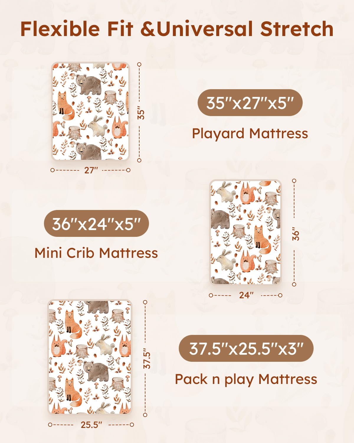 Pack and Play Sheets Fitted 3 Pack, Mini Crib Sheets for Pack N Play Mattress Stretchy Portable Playard Sheets, Soft Breathable Green & Brown Fox