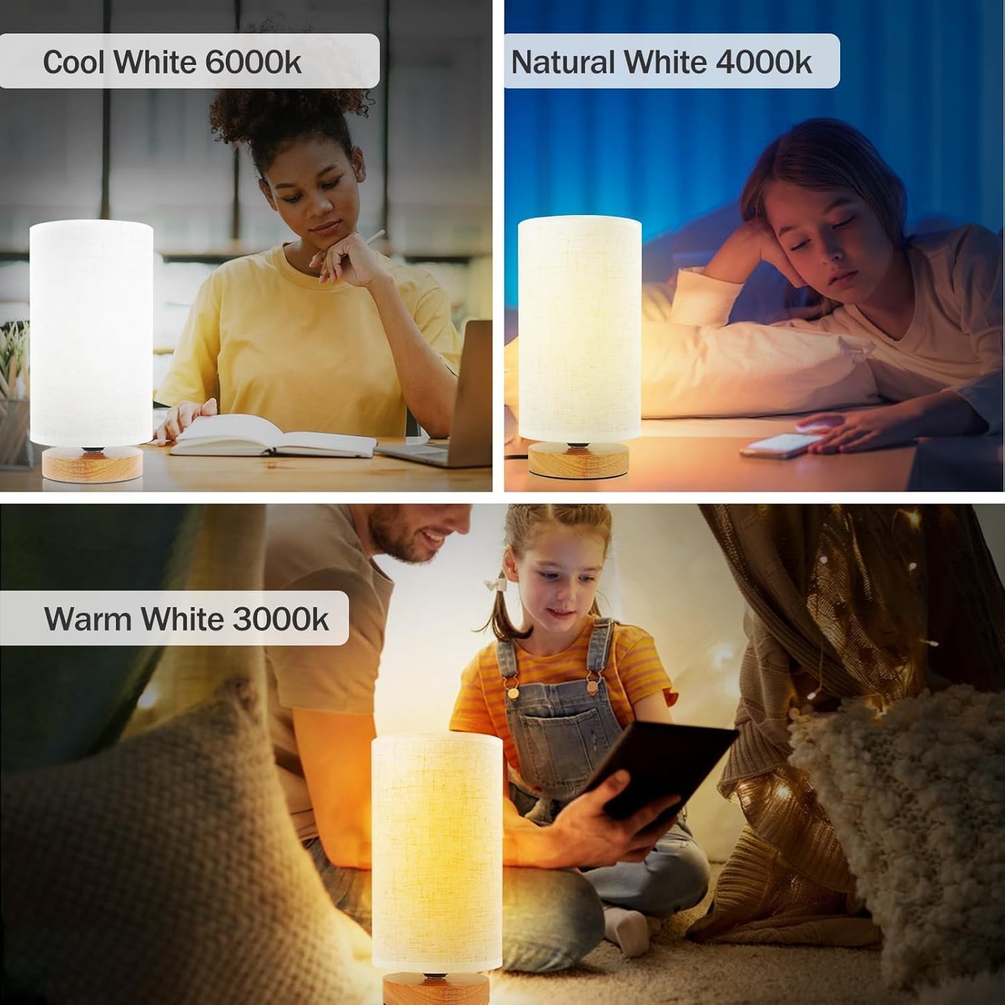 3-Color Adjustable Bedside Table Lamp for Bedroom,Minimalist Wood Base&Round Fabric Shade,Cozy Lighting Nightstand Boho Lamp,Study Reading Desk Night Stand Light for Living Room,Office,kitchen,Nursery