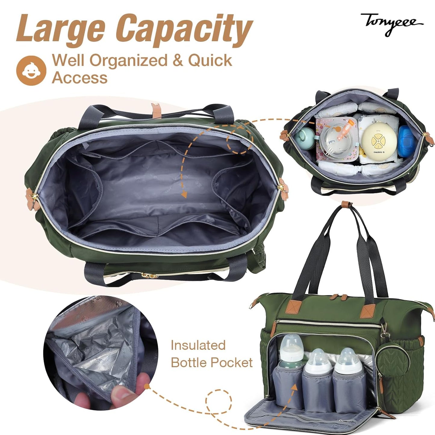 Diaper Bag Tote, Large Baby Diaper Bags Waterproof, Hospital Bag for Labor Delivery with Pacifier Case, Changing Pad, Shoulder Strap, Dark Green
