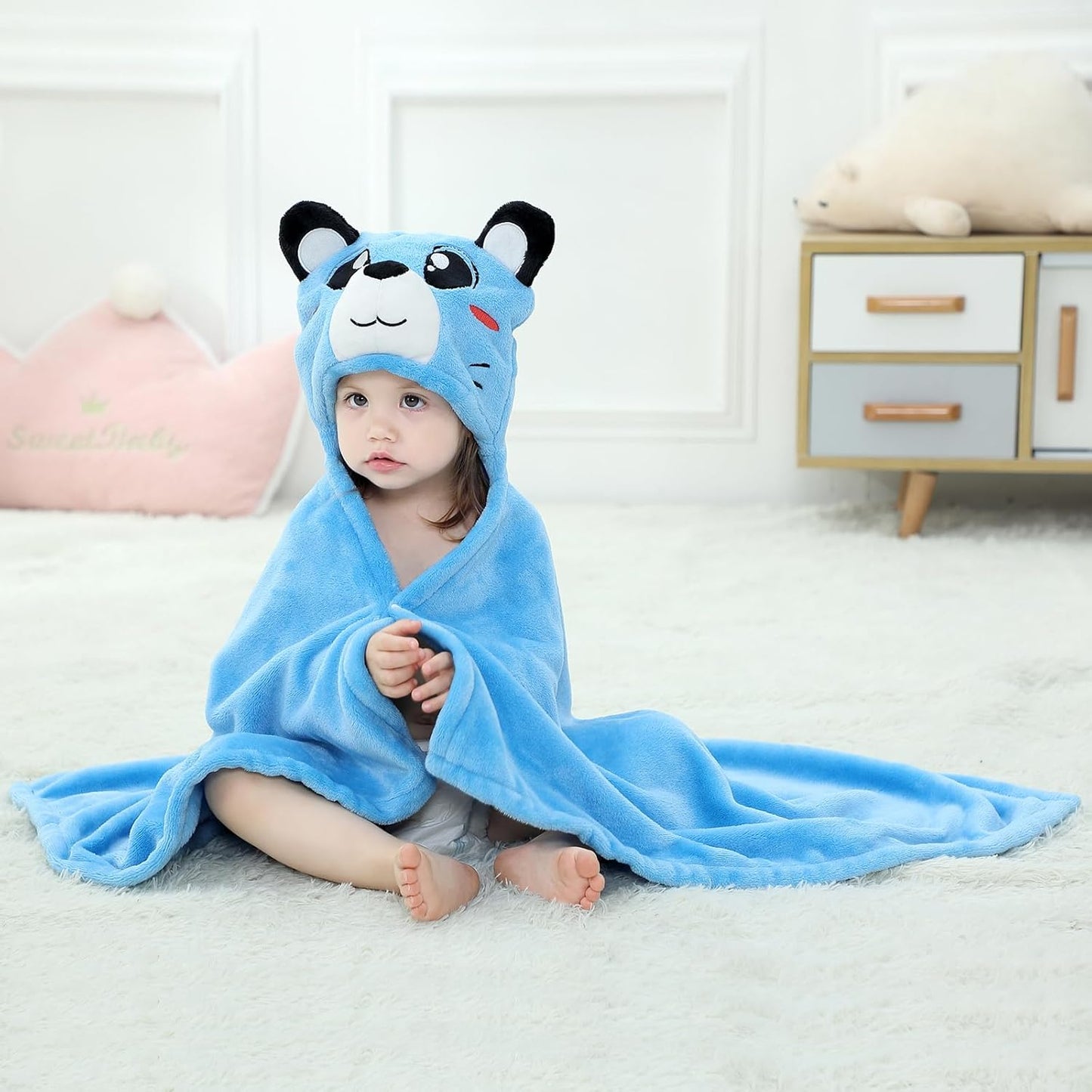 Wearable Blanket Hoodie for Kids Toddlers Hooded Towels Soft Cozy Flannel Wearable Throw Blanket Hoodie for Boys Girls Birthday Gifts (Blue Bear 50 * 40)