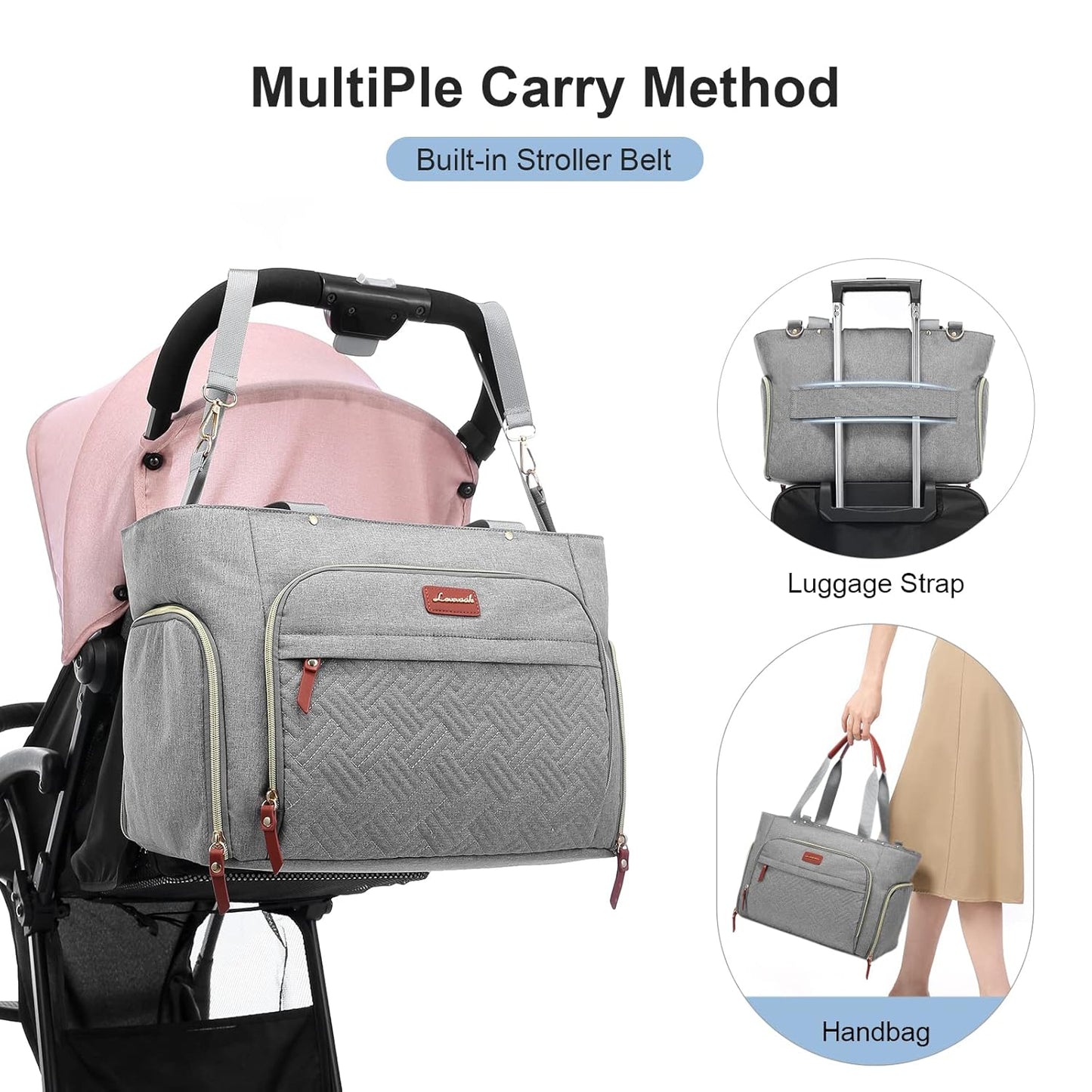 LOVEVOOK Diaper Bag Set, 3-Piece Set with Laptop Pocket, Cooler Bag & Changing Pad, Fits Most Breast Pumps, Grey, 15.7" x 8" x 11", For Mothers, Newborn - 3 Years