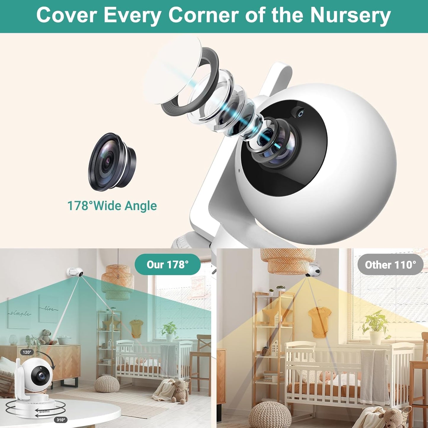Blemil 6" Baby Monitor with 2 Cameras 4000mAh Battery Upgrade Split Screen Video Baby Monitor No WiFi Remote Pan-Tilt-Zoom Auto-Night Vision 150 Languages ECO Mode 2-Way Talk 1000FT (Ideal Condition)