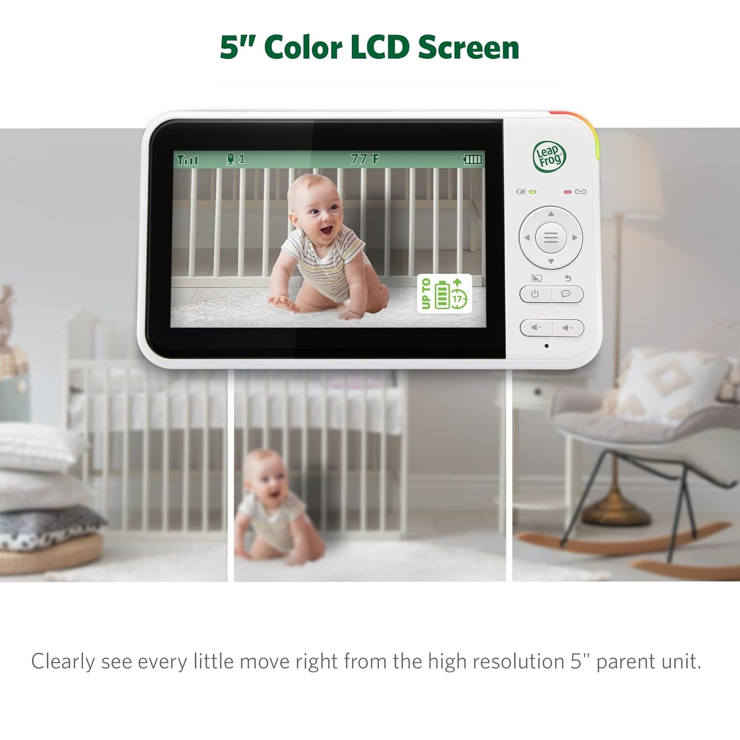 LeapFrog LF2415 Baby Monitor, 5” IPS LCD Screen, 1000ft Range, Night Vision, Soothing Lullabies, NightLight, 2-Way Audio, Temperature Sensor, SecureTransmission No WiFi