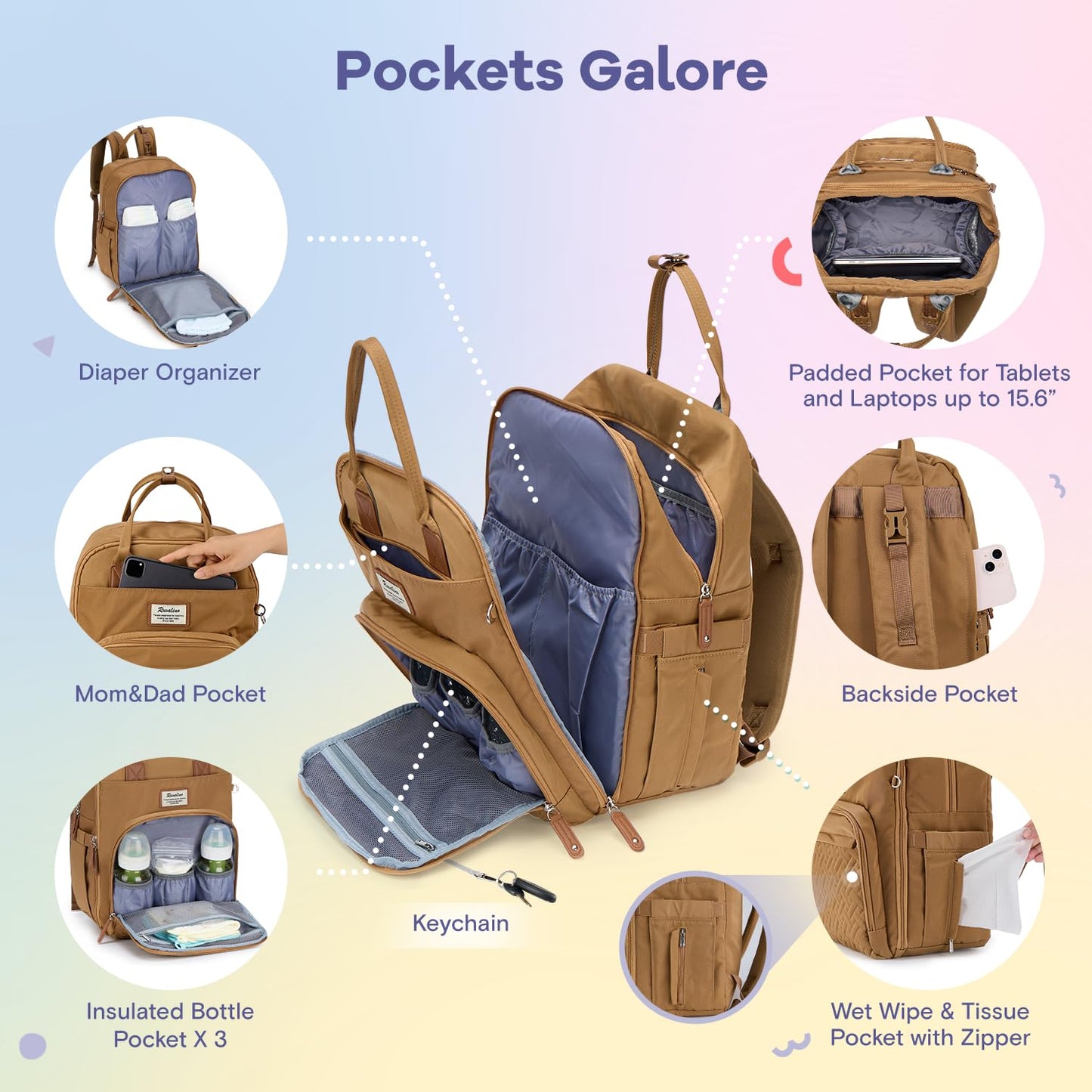 RUVALINO Diaper Bag Backpack, Multifunction Travel Pack Maternity Baby Changing Bags, Large Capacity, Waterproof, Golden Brown