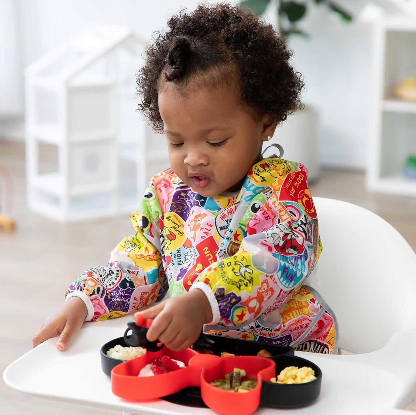 Bumkins Disney Sleeved Bib for Girl or Boy, Baby and Toddler for 6-24 Mos, Essential Must Have for Eating, Feeding, Baby Led Weaning Supplies, Long Sleeve Mess Saving, 100 Years of Fun