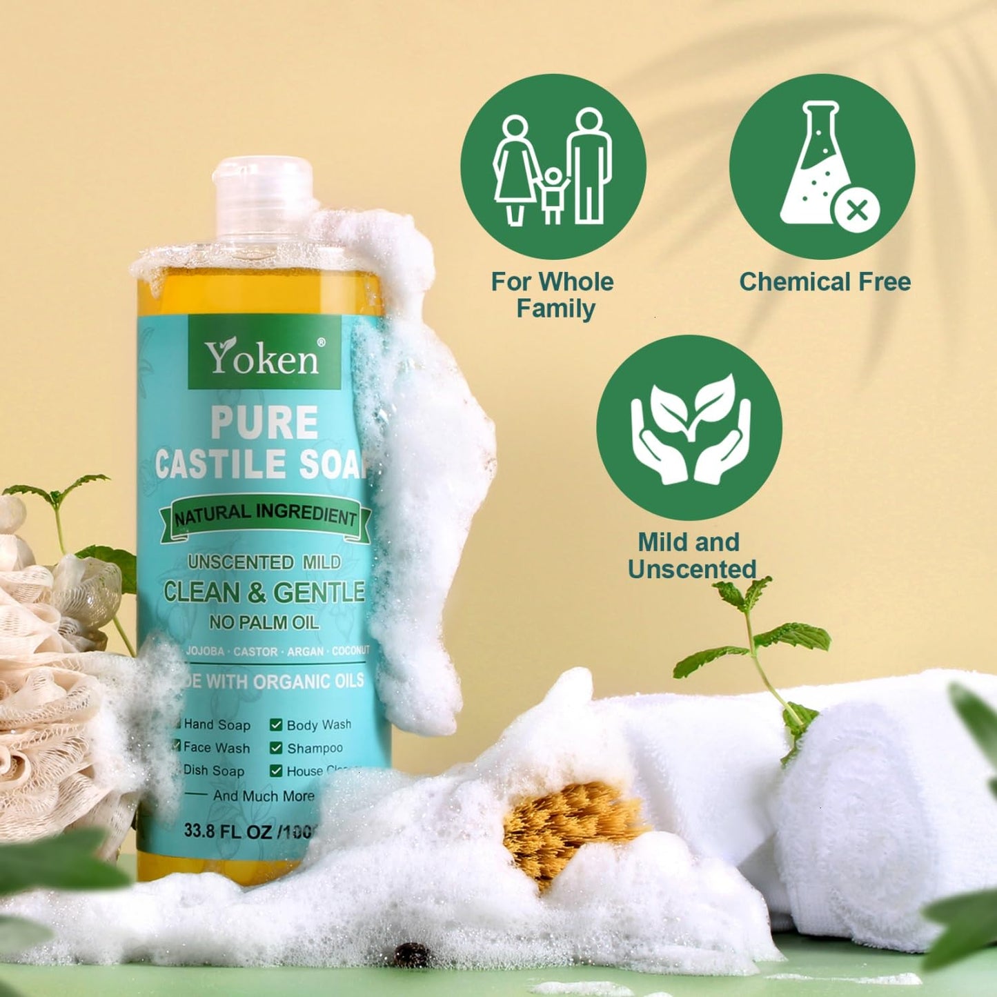 EWG Verified Castile Soap Liquid Unscented 33.8 fl oz Pure Castile Liquid Cleanser Made With Organic Oil, Clean & Gentle, Natural Castor Oil Soap for Body Wash, Hand, Dishes, Laundry