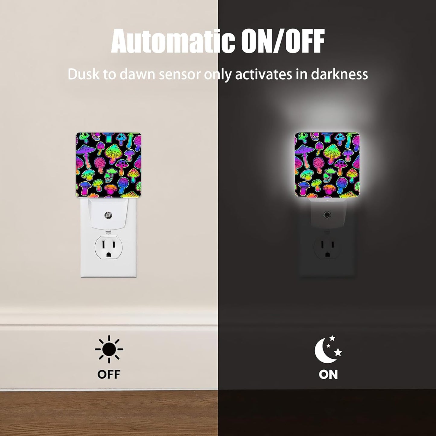 Bright Psychedelic Colors Mushrooms Night Light Plug in Wall Lamp Smart Dusk to Dawn Sensor for Home Decorative, Kids Room Bedroom Bathroom Kitchen Hallway Gifts