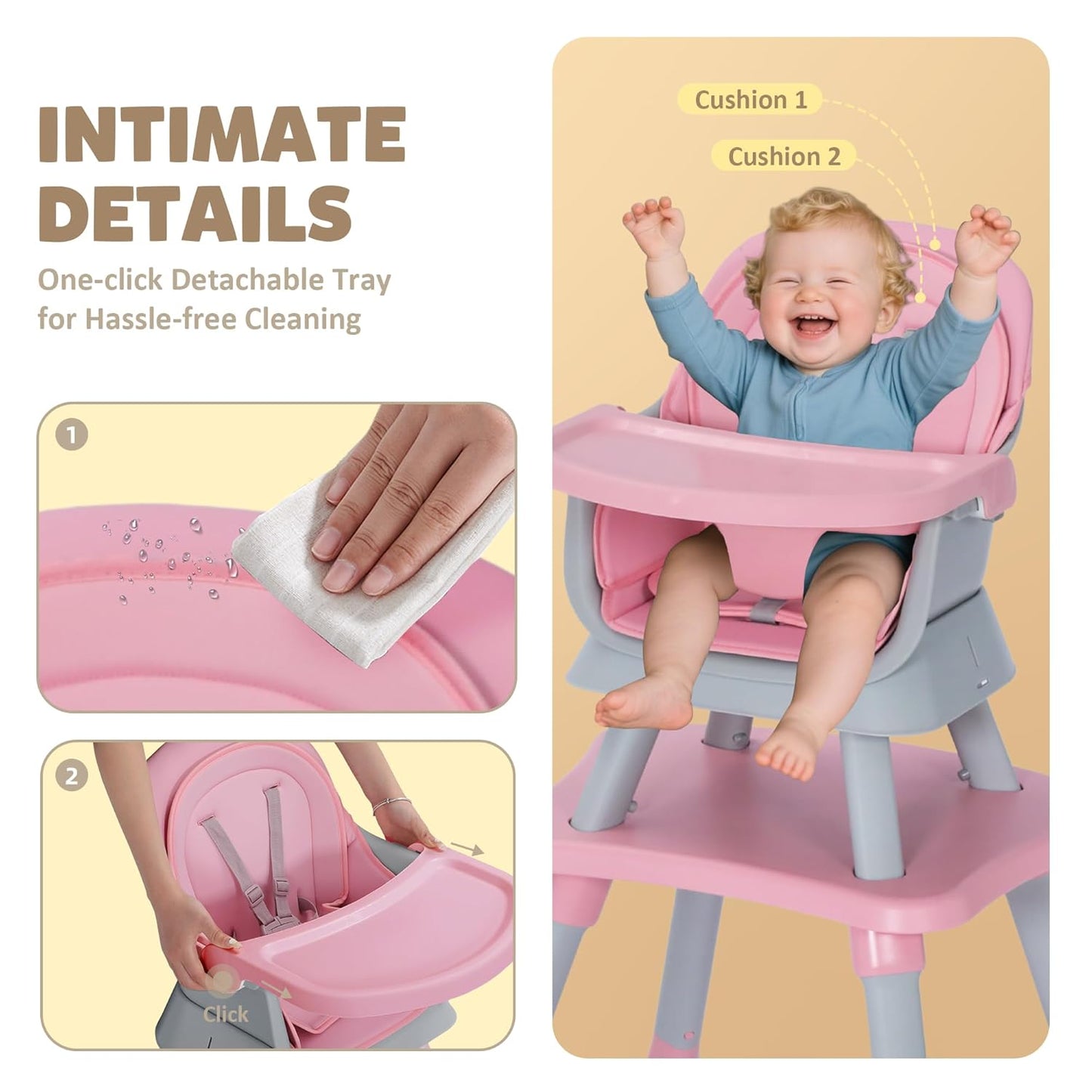 Baby High Chair, 8 in 1 Convertible Highchairs for Babies and Toddlers, Children Dining Booster Seat/Kids Building Block Table for Girls Boys, Baby Seat with Removable Tray, Pink