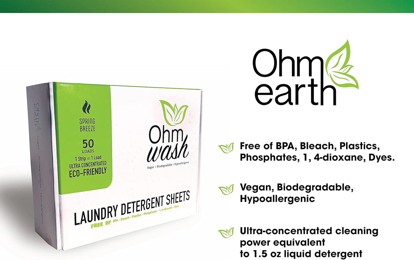 Ohm Earth’s Wash Laundry Detergent Sheets Hypoallergenic & Dye-Free Liquidless Detergent, Fast Dissolving Concentrated Strips Ideal for Sensitive Skin, 50 count (up to 100 Loads) Spring Breeze