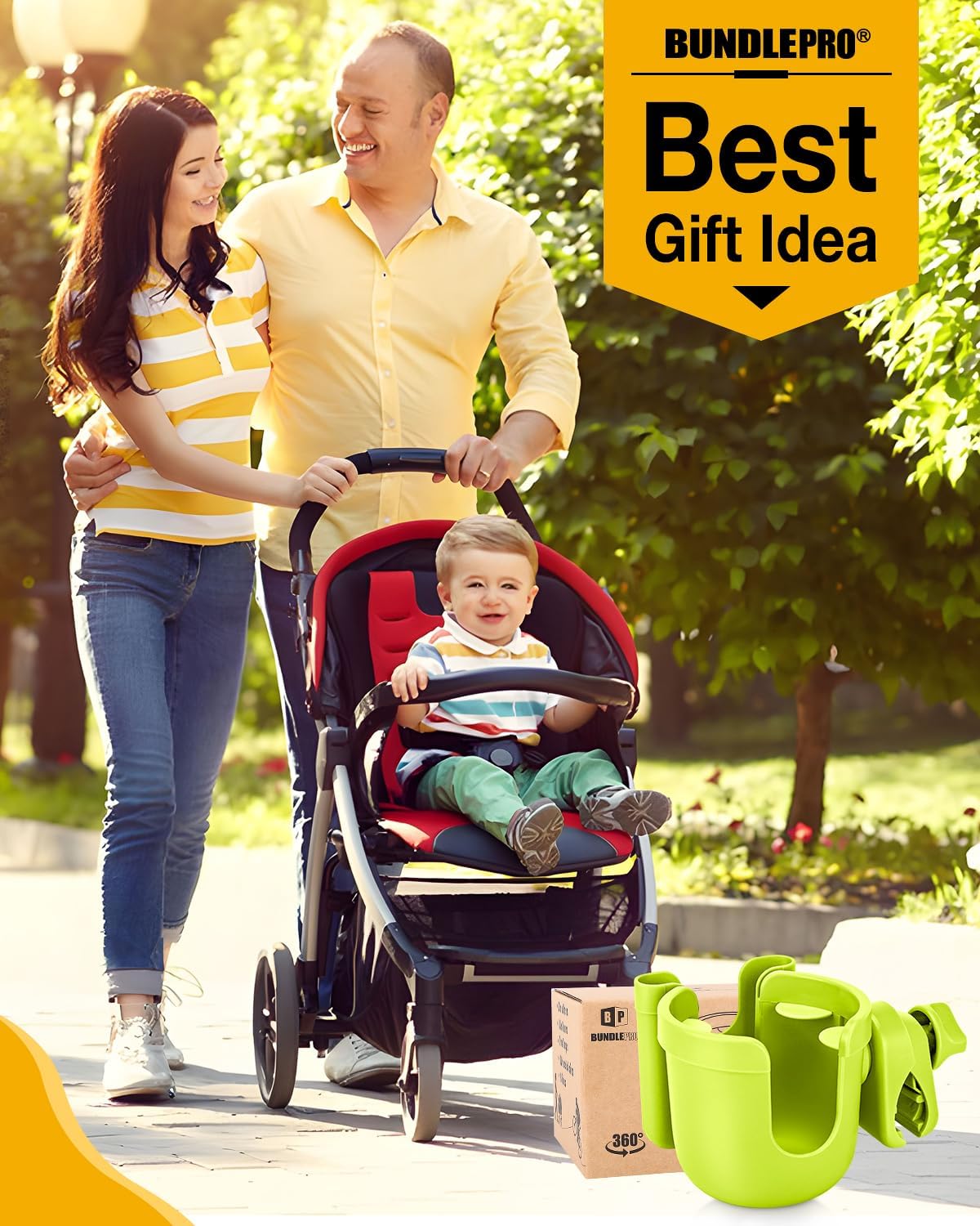 Universal Stroller Cup Holder with Mobile Phone Case, 2-in-1 Strollers Storage Rack, 360 Degrees Rotation Drink Holder for Bike, Pushchair, Wheelchair, Walker,Bicycle, Fits Most Cups (Green)