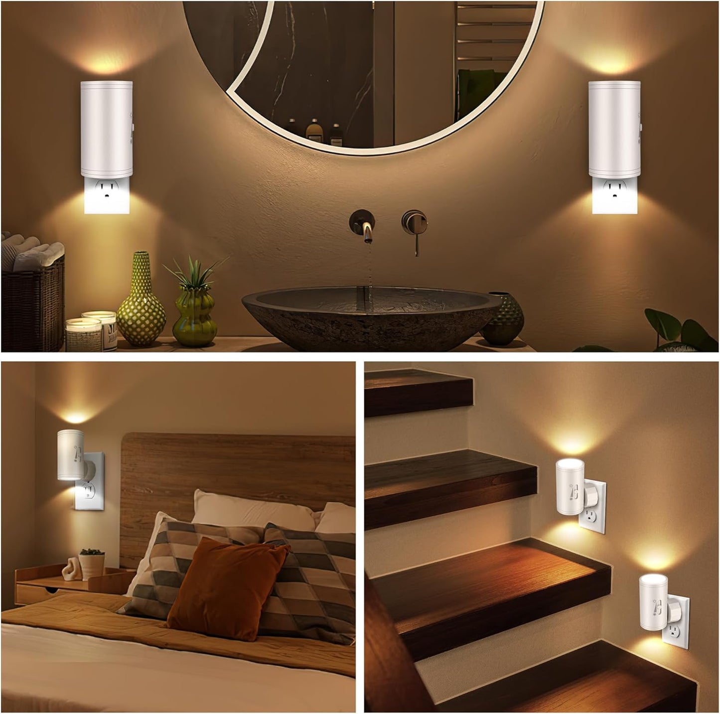 LED Plug-in Wall Night Light with Dimmable 0-300 Lumens, 3000K Soft White, Auto On/Off Light Sensor & Adjustable Head for Hallway, Stairs, Bedroom,2 Pack
