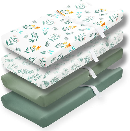 4 Pack Sage Green Fitted Nursery Sheets Breathable Neutral Unisex Baby Sheets for Boys or Girls with Leaf and Flower Design (Changing Pad Cover)