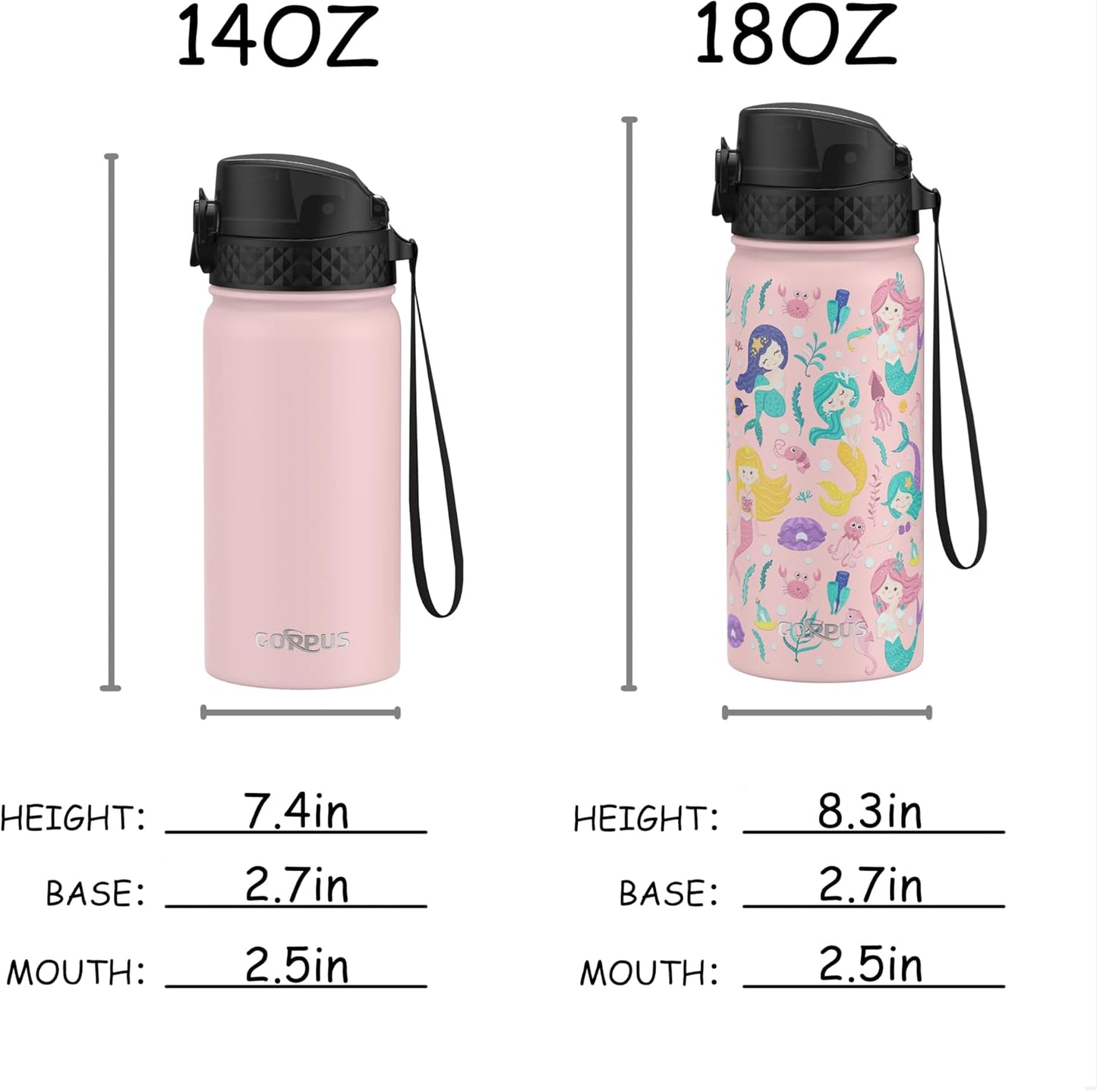 GOPPUS Kids Water Bottle (Straw Lid) - 18 Oz Stainless Steel Travel Bottle, Double Wall Vacuum Leak Proof Kids Cup for School Boys Girls,Happy Mermaids