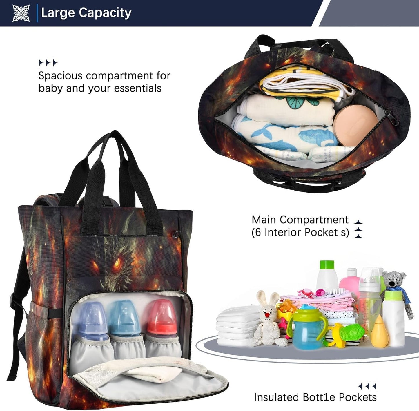 Dragon Fire Dungeon Diaper Bag Backpack, Unisex Travel Baby Backpack Diaper Bags with Stroller Straps & Pacifier Case, Large Capacity Waterproof Diaper Backpack