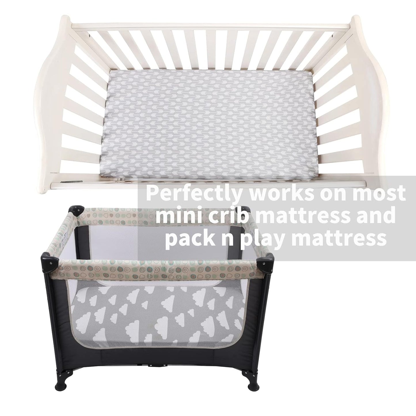 Onacosht Pack n Play Sheets 3 Pack for Baby Unisex, Stretchy Jersey Knitted Portable Mini Crib Sheets Playard Mattress Cover for Baby Boys and Girls, Clouds Stripes and Arrow Printing
