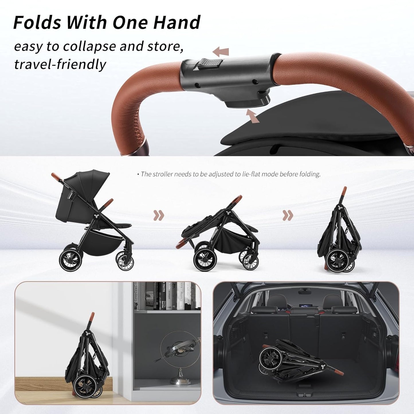 Tinyiota Baby Stroller for Kids,Toddler Stroller with Large UPF 50+ Canopy,Luxury Strollers with Leather Handle & Spacious Seat, One-Hand Foldable Pushchair,Baby Carriage with Lie-Flat Mode(Black)