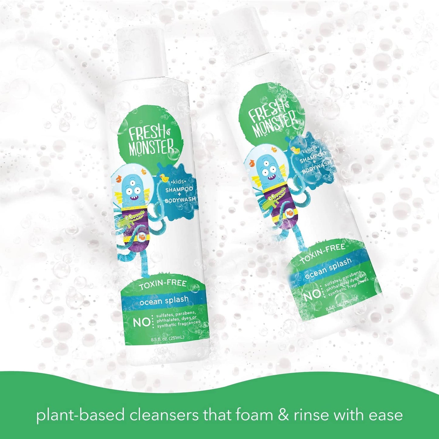 Fresh Monster 2-in-1 Natural Shampoo & Body Wash for Kids, Toxin-Free, Hypoallergenic, Ocean Splash (2 Pack, 8.5oz/each)