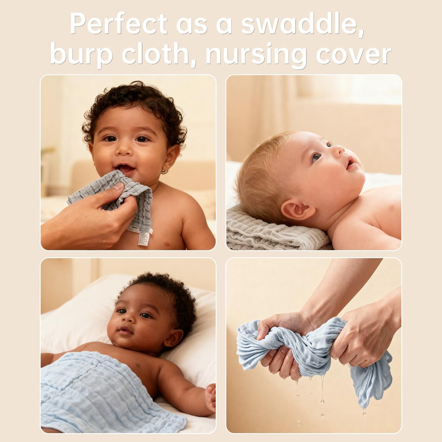 Organic Muslin Baby Washcloths 6 Pack Baby Bath Face Towel 12x12 Inch Extra Absorbent and Soft Burp Cloth and Wash Cloths for Newborn-Infants On Sensitive Skin (Blue Brown Grey)