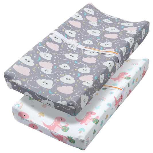 Changing Table Pad Cover Elastic Changing Pad Cover Premium Baby Changing Pad Cover 2 Pack for Boys Girls Soft and Comfortable (Dinosaur Eggs and Cloud Babies)